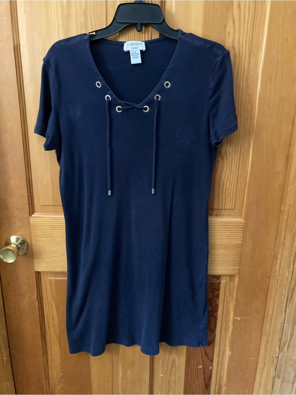 Carmen Marc Valvo Navy Lace-Up Short Sleeve Dress